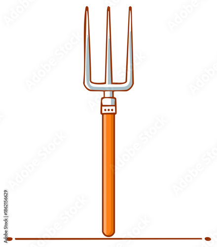 Illustration of a cartoon pitchfork with orange handle and metal prongs, farm tool icon.