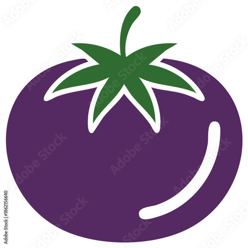 Cartoon illustration of a ripe tomato with a green stem, isolated design element.