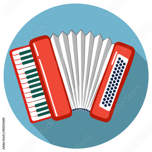 Red accordion with keyboard and bellows shown from above on a blue background