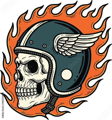 Fire skull In winged helmet vector, skull wear helmet with wings illustration, skull wearing a motorcycle helmet with wings and flames, vector illustration