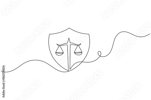 Minimalist continuous line art of justice scales inside a protective shield