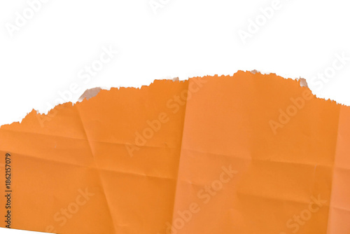 A piece of torn orange paper on a white background.
