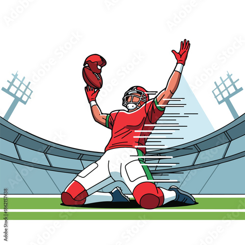 Illustration of a football player in a red jersey celebrating with arms raised on a green field in a stadium.