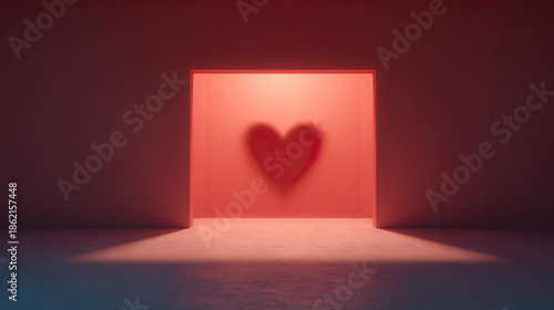 Valentine heart background shadow romantic love minimal red wall light doorway glowing modern abstract card design mood soft emotion