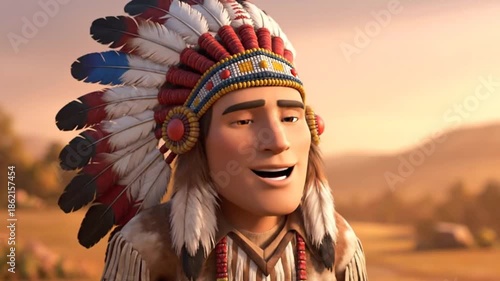 Animated native american chief smiling in a cartoon style