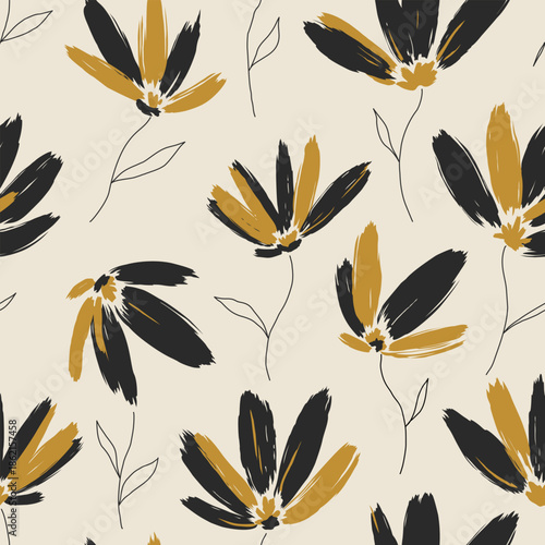 Seamless minimal floral pattern with abstract brush painted flowers in black and mustard on cream background for wallpaper textile fabric surface design.