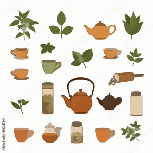 Herbal Tea and Medicinal Plants Vector Illustration Set in Flat Style