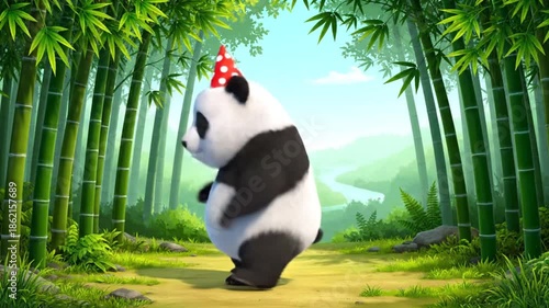 Animated panda in party hat amid bamboo forest