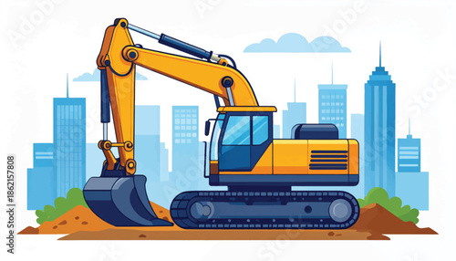 Heavy Yellow Excavator Digging Earth at Construction Site.
