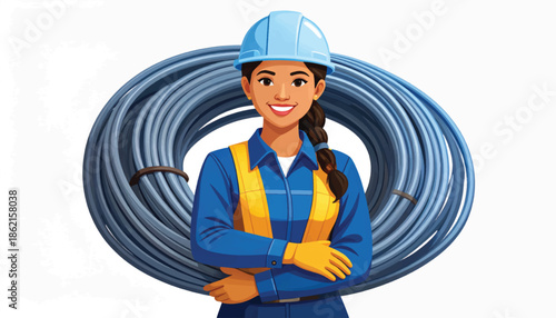 Smiling female construction worker in hard hat and safety vest.