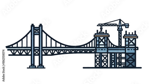 Suspension Bridge Under Construction with Crane and Scaffolding.