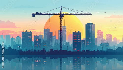 Tower crane silhouetted against a vibrant sunset over a modern city skyline.