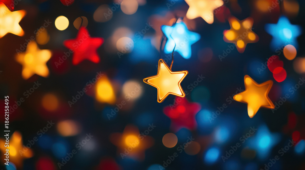 Obraz premium Star-shaped bokeh lights with glowing edges varying sizes isolated on transparent background