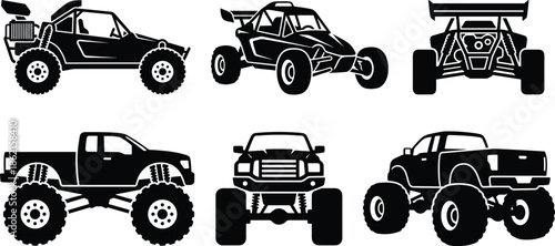 Off road vehicle silhouette set featuring buggy monster truck and pickup racing cars black vector illustration collection