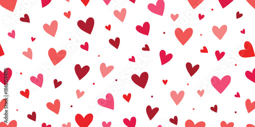 Seamless valentine hearts pattern background. Wallpaper frame, confetti, pink, red, weet, scattered, romantic modern design texture fabric vector illustration.