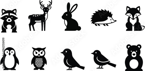 Collection of 10 black and white animal silhouettes on a white background