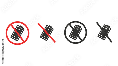 Four icons indicating a battery is not allowed or prohibited.