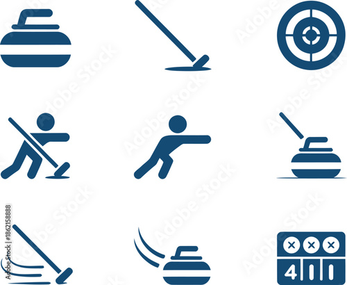 Illustrations of curling actions and equipment
