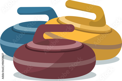 Three curling stones ready for play