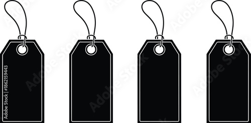 Black silhouette price tag icons set, blank hanging luggage labels with string, retail sale and commercial discount symbols isolated on white background