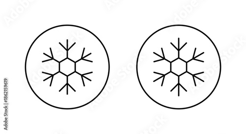 Thin snowflake icon in circular outline. Winter season, ice, and cold temperature symbol