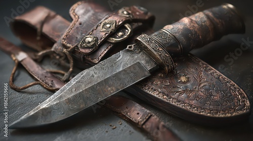 Vintage knife on leather sheath with ornate details and textures