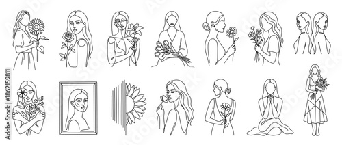 Line art illustrations of women with flowers in various poses.