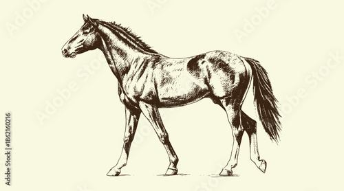 Detailed vintage horse standing illustration with realistic anatomy and classic sketch style