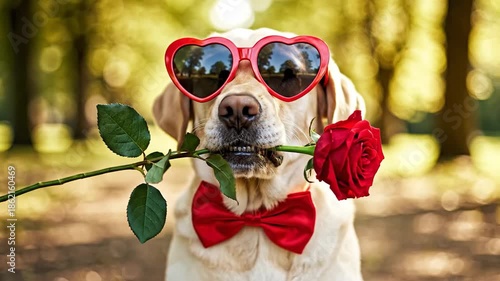 Adorable Labrador Retriever Dog with Heart-Shaped Sunglasses and Red Rose for Valentines Day.