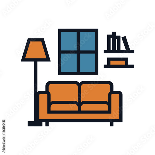 Orange couch with lamp and window bookshelf