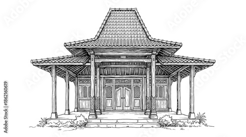 A detailed line drawing of a traditional Javanese house with a distinctive roof and open porch.