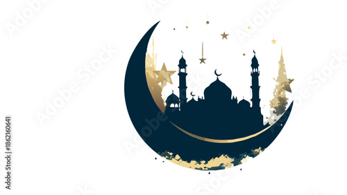 Double exposure style vector of a large crescent moon with a mosque silhouette inside, stars in the background, artistic design