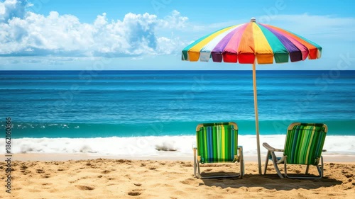 Two deck chairs under large colorful beach umbrella resting on golden sandy beach with azure tropical ocean waves
