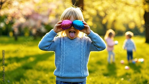 A delighted young child with blonde hair playfully covers their eyes with two brightly colored, shimmering eggs, one pink and one blue, while sticking out their tongue in a humorous expression. The sc