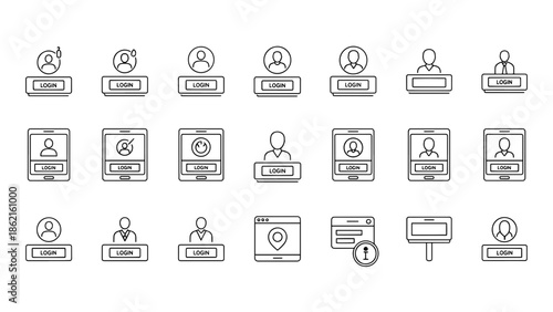 A collection of twenty-one simple, black-and-white icons illustrating login concepts, user profiles, and digital interfaces