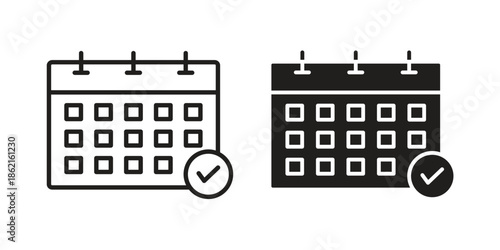Calendar check icons vector glyph flat style. Stroke with editable size icons