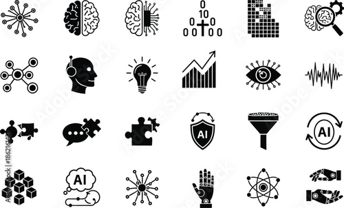 Collection of black and white icons related to artificial intelligence and technology