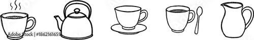 Hand Drawn Coffee and Tea – Minimal Line Art Cups, Kettle and Teapot Sketch.