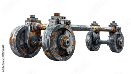 Rusty Metal Wheels Assembly Isolated On Transparent Background Industrial Equipment Component Old Mechanism Part Machine Detail Grunge Style