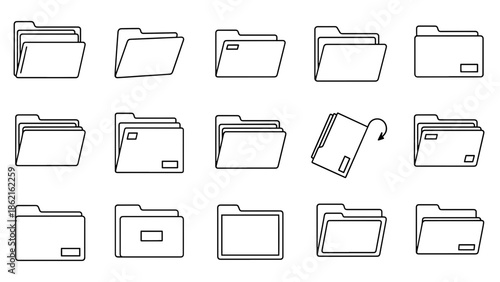 A collection of stylized file folder icons in a consistent, black and white line art style, varying in openness and arrangement