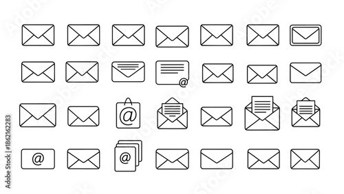 A collection of stylized email icons, in a simple black and white design. Depicted are closed and open envelopes, symbols, and stacks