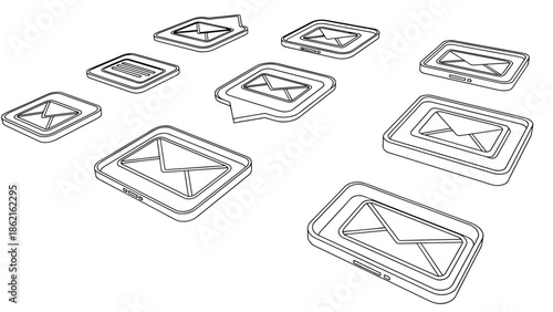 A collection of stylized, isometric, outline-style icons representing various digital communication platforms, featuring envelope motifs