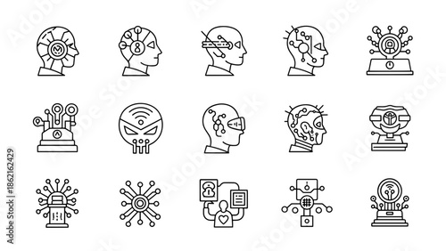 A collection of stylized, linear illustrations depicting futuristic human heads and technological devices. Circuits are integrated into the designs