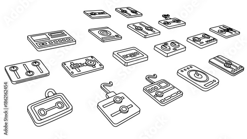 A collection of stylized, outlined control panels with buttons, dials, switches, and displays, arranged in an isometric perspective