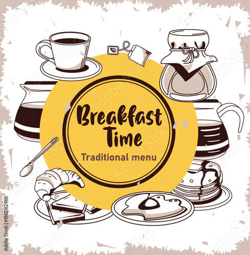 breakfast time lettering in circular frame poster with utensils and ingredients design vector