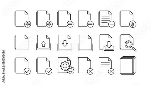 A collection of stylized, outlined document icons with various actions add, remove, upload, download, search, settings, and checkmarks