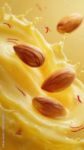 Hyper-realistic, zoomed-out image of scattered whole almonds and saffron threads on a yellow background, top view.
