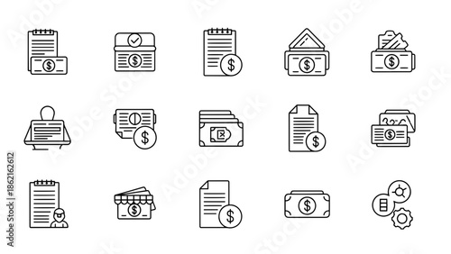 A collection of simple line art icons depicting various financial and business concepts, including money and documents
