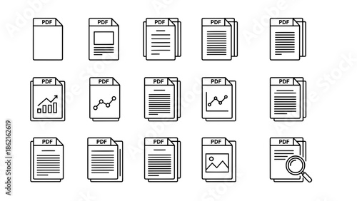 A collection of simple line art icons depicting various file types with "PDF" labels, including documents, charts, and images, all in a uniform style