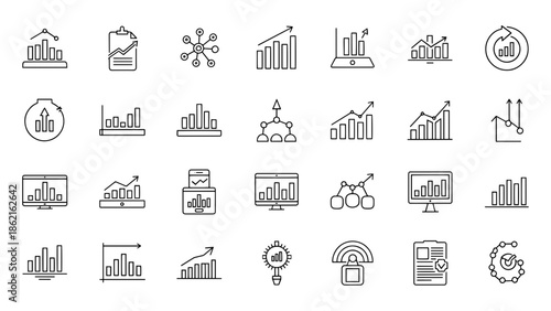 A collection of simple line art icons depicting various graphs, charts, and data representations. Featuring progress and analytics symbols